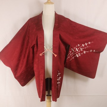 復古 日本製 羽織 | 深紅・勃根地紅 | 淡雅枝條花紋・同色系織紋 | 女士和服外套
