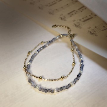 堇青石316醫療鋼手鍊/14K金色手鍊 可碰水 天然石 抗敏鋼 雙鍊