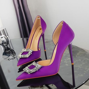 側空高跟鞋女2025新款夏季超高職業細跟緞面淺口尖頭水鉆方扣單鞋