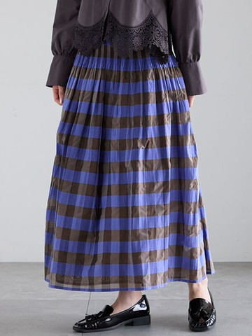 跳色格紋分層縮褶設計長裙(0F000566710) - Te chichi