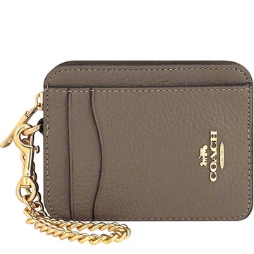 COACH 拿鐵色荔枝紋皮革金屬鏈帶證件卡夾/零錢包