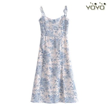 YOYO 歐美風外貿女裝新款法式復古碎花側開叉下擺吊帶連衣裙