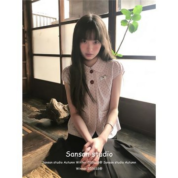 學院風波點短袖襯衫女初夏季穿搭娃娃領襯衣修身顯瘦韓系粉色上衣