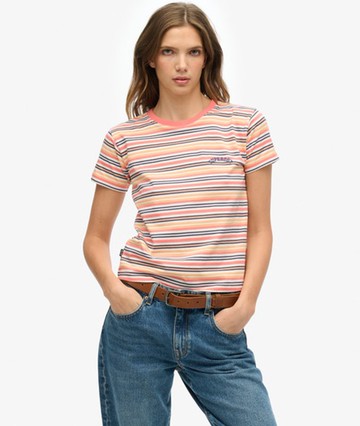 Superdry Women's Ladies Slim Fit Essential Logo Striped Fitted T-shirt, Cream and Coral, Size: 14 Size: 10