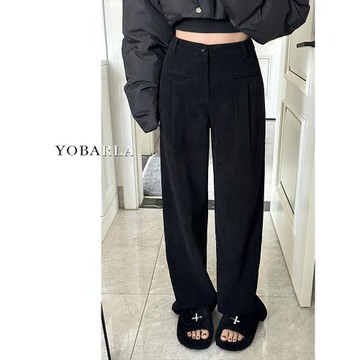 黑色雪尼爾休閑褲女秋冬加絨大碼胖mm顯瘦梨形身材燈芯絨闊腿褲子