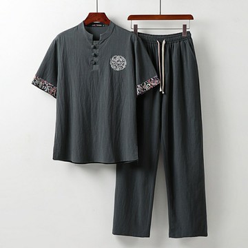 現貨+預購 新中式棉麻上衣棉麻襯衫唐裝上衣日系亞麻罩衫休閒男裝-套裝漢服印花5色74ll9【獨家進口】【米蘭精品】