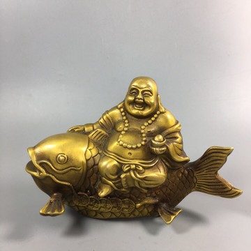 仿古純銅彌勒佛金錢魚擺件大肚笑佛招財鎮宅家居風水工藝禮品銅器