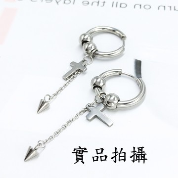 B609 圓環圓珠十字架 活動鈦鋼耳墜 韓國明星款 垂墜長耳鏈耳環 316L不鏽鋼 圈圈耳鍊 中性 一般細針