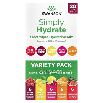 Swanson, Simply Hydrate，電解質補水混合飲品，多種口味，30 條，每條 6.36 盎司（180 克）