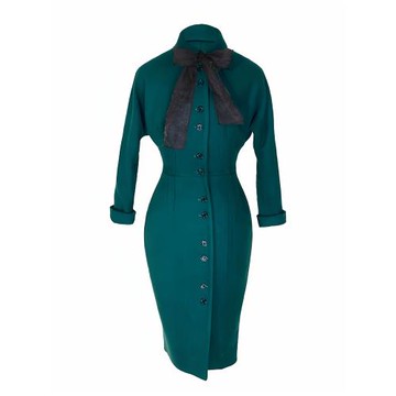 復古優雅綠色娃娃領連衣裙女裝修身赫本呢子時尚毛呢外套中長款冬