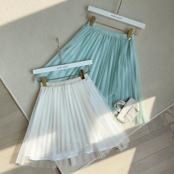 3-14輕奢女童兩色松緊腰前短后長不規則網紗半身裙腰裙
