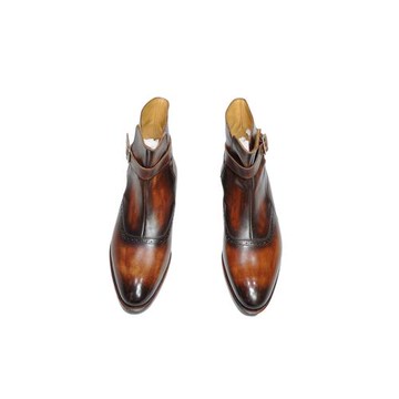 Orazio By Napolitano 手工擦色雕花皮底 綁帶中高幫皮靴 IT6.5