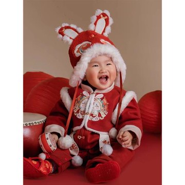 嬰兒拜年服冬季百日抓周周歲禮服加絨新年喜慶過年衣服過年爬服