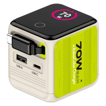 POLYWELL 寶利威爾 70W Type-C + USB 機甲風 多模數顯伸縮線快充頭 TFT智慧顯示 S014P09A  米黃色  1個