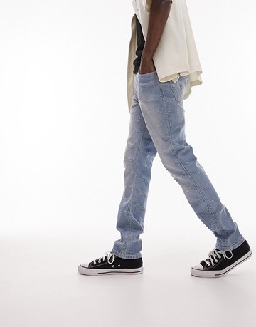 Topman rigid slim jeans cross distress in light wash-Blue