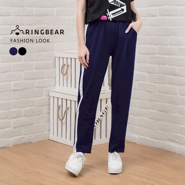 休閒褲--運動時尚Sport風側邊撞色休閒運動長褲(黑.藍XL-4L)-R186眼圈熊中大尺碼商品標題