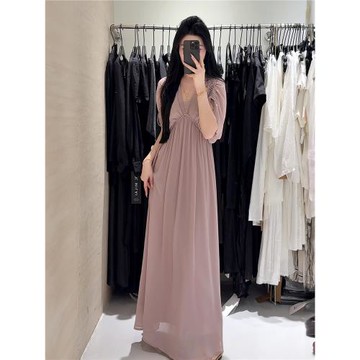 (免運)法式浪漫氣質V領連衣裙女夏慵懶風顯瘦垂感飄逸長裙