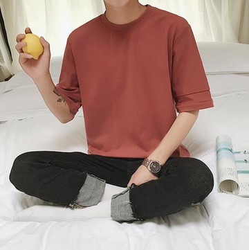 FINDSENSE MD 時尚 男 休閒 純色 素面 假兩件 寬鬆 落肩T 短袖T恤 特色短T