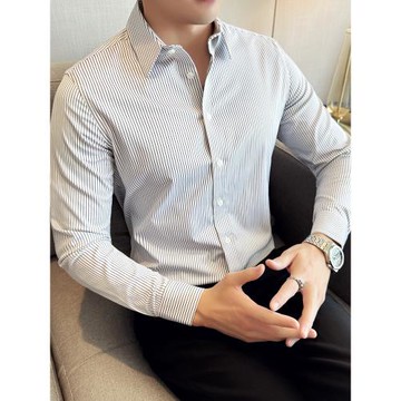 萊賽爾襯衫男士春季新款長袖高級感抗皺商務修身休閑白色條紋襯衣
