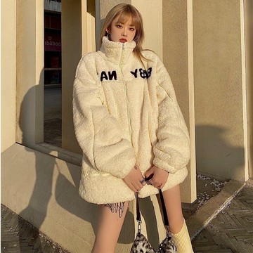 白色立領羊羔毛絨外套2022年早春國潮寬松立領情侶ins韓版棉服潮