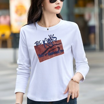 2025春秋新款時尚圓領字母印花前後塗鴉長袖T恤女寬鬆百搭打底衫