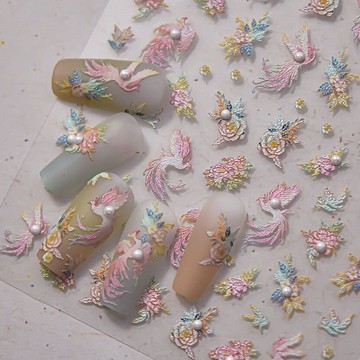 🎀新店開業🎀中國風刺繡鳳凰牡丹復古風珍珠鉆馬眼立體浮雕美甲貼紙diy裝飾