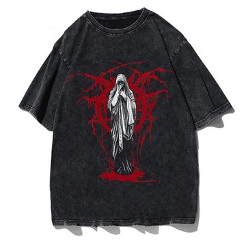 歐美潮牌水洗黑高街潮流純棉短袖T恤男女印花圓領寬松情侶上衣服