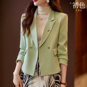 初色 小香風氣質純色裝飾釦短款修身翻領長袖西裝外套女外套-共3色-15405(M-3XL可選)