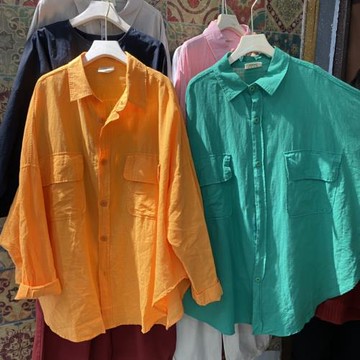 外貿大版彩色工裝風棉麻襯衣女春夏中長款闊版洋氣雙口袋亞麻襯衫