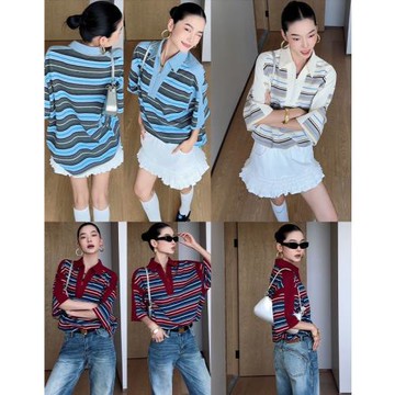 CIZZLEMORE 小畫家韓系復古條紋休閑顯瘦設計感短袖美式Polo衫女