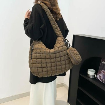 跨境時尚褶皺云朵包簡約氣質通勤女托特包大容量菱格女棉服單肩包