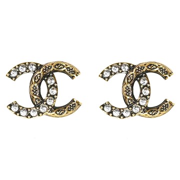 CHANEL ABD766 復古裝飾花紋水鑽LOGO貼耳針式耳環.古銅金