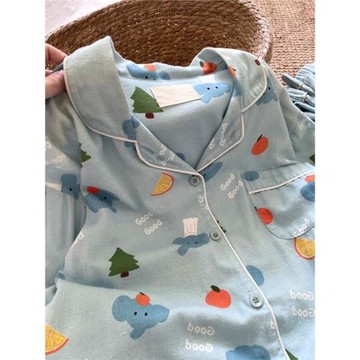 情侶睡衣女春秋款長袖長褲大碼簡約家居服男士卡通小象藍色兩件套