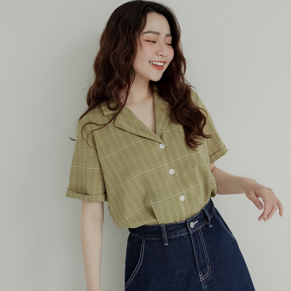 相遇抹茶格紋古巴領短袖襯衫 中大尺碼上衣