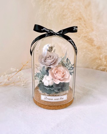 永生花玻璃盅-莫蘭迪色調 l 不凋花玻璃盅 日本玫瑰 情人節禮物