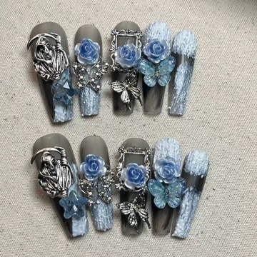 純手工穿戴甲 重工藍色聆晚美甲閃奢華玫瑰小眾款辣妹山茶花中長