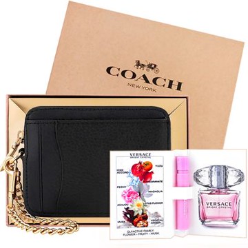 COACH 黑色荔枝紋皮革金屬鏈帶證件卡夾/零錢包+VERSACE 品牌經典隨身小香水
