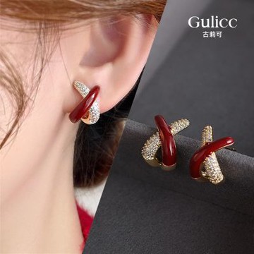 Gulicc 紅色 輕奢 鋯石 耳環(飾品 耳飾 耳針 耳釘 耳環 生日禮物 雙11 聖誕節)