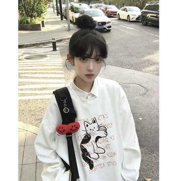 美式復古 小貓字母印花套頭長袖衛衣女秋新款潮牌寬鬆休閒慵懶女生上衣 韓版T 大學T