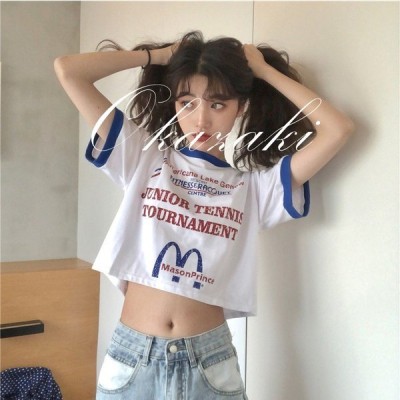 Tシャツ レディース 半袖 へそ出し ショート丈 カップル服 姉妹服 かわいい トップス ショートタンクトップ 夏 ゆるい 韓国ファッション 原宿系 ストリート 通販 Lineポイント最大get Lineショッピング