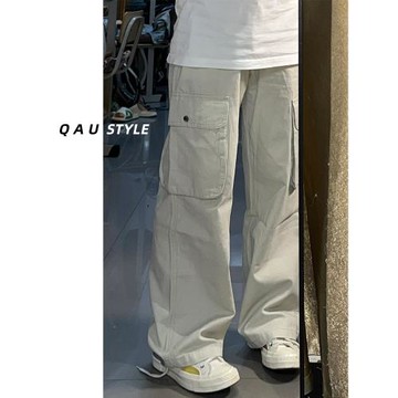 梨型身材白色工裝褲女春季大碼胖妹妹mm高腰寬松遮胯顯瘦闊腿褲子