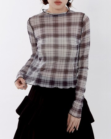 格紋配色木耳邊透膚長袖上衣 S/M