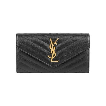 YSL 山形紋荔枝皮金字logo釦式長夾(黑色)