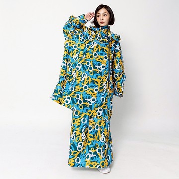 【背包款】去去雨水走長版風雨衣-塗鴉迷彩+雨裙-綠底