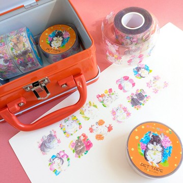 花卉與絨鼠 PET 膠帶 水彩插畫 2.5cm x 10m 捲筒 附離型膜