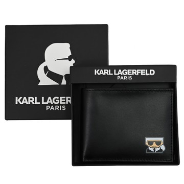 KARL LAGERFELD 卡爾 燙印圖樣對開短夾禮盒組.黑