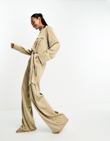 Pretty Lavish collared satin utility jumpsuit in grey taupe