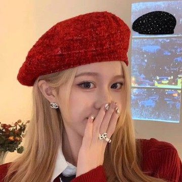 法式小香風亮絲貝雷帽 女 大人 報童帽 畫家帽 貝蕾帽 帽子 聖誕節 耶誕 大紅 過年 新年 秋冬 橘魔法 現貨【BB9166】