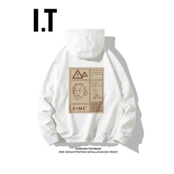 香港潮牌潮流美式連帽衛衣男秋冬加絨愛因斯坦印花寬松設計感外套