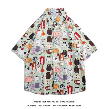 夏季港風短袖襯衫男bf卡通小貓潮流寬松夏威夷復古帥氣半袖花襯衣